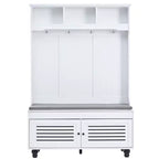 Meuble d'entrée Okak 5-en-1 avec portes persiennes, porte-manteau autoportant avec coussin et 4 crochets robustes, large support pour manteaux pour couloir, blanc