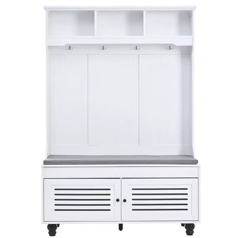 Meuble d'entrée Okak 5-en-1 avec portes persiennes, porte-manteau autoportant avec coussin et 4 crochets robustes, large support pour manteaux pour couloir, blanc