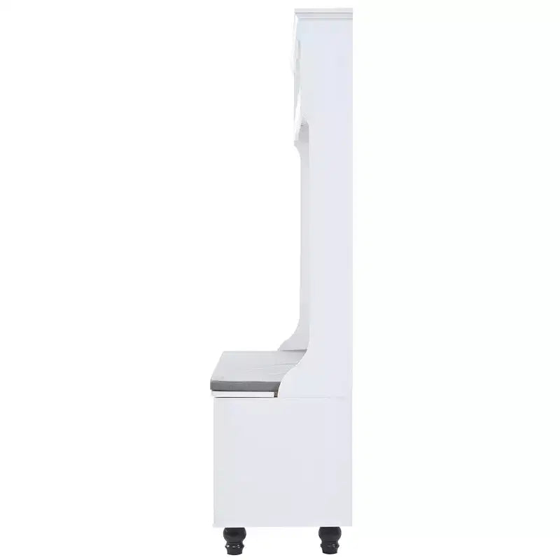 Meuble d'entrée Okak 5-en-1 avec portes persiennes, porte-manteau autoportant avec coussin et 4 crochets robustes, large support pour manteaux pour couloir, blanc