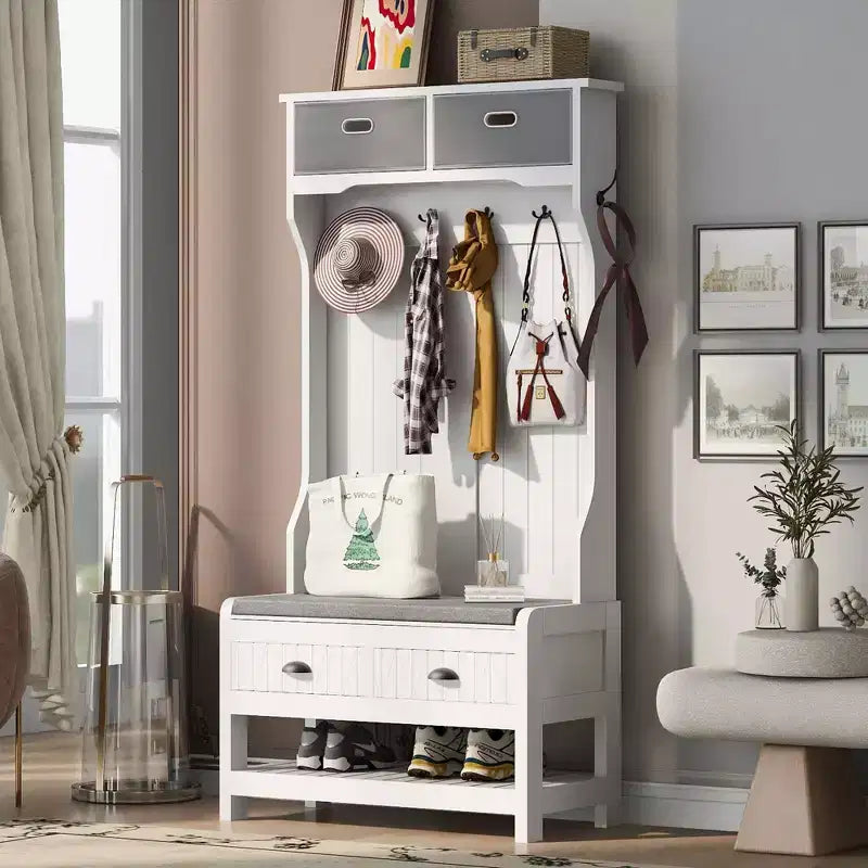Porte-manteau Okak 69IN avec 6 patères et banc de rangement à couvercle articulé, meuble d'entrée pour salon, couloir, blanc