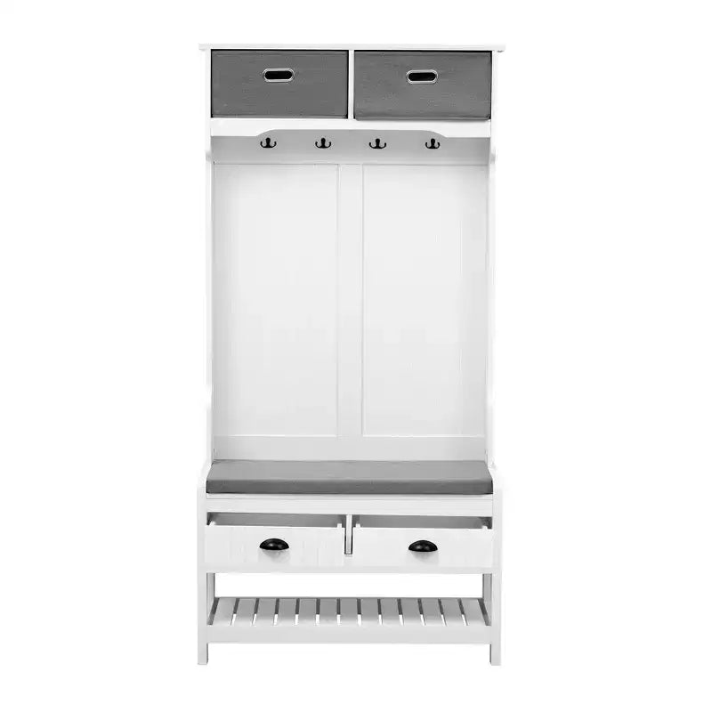 Porte-manteau Okak 69IN avec 6 patères et banc de rangement à couvercle articulé, meuble d'entrée pour salon, couloir, blanc