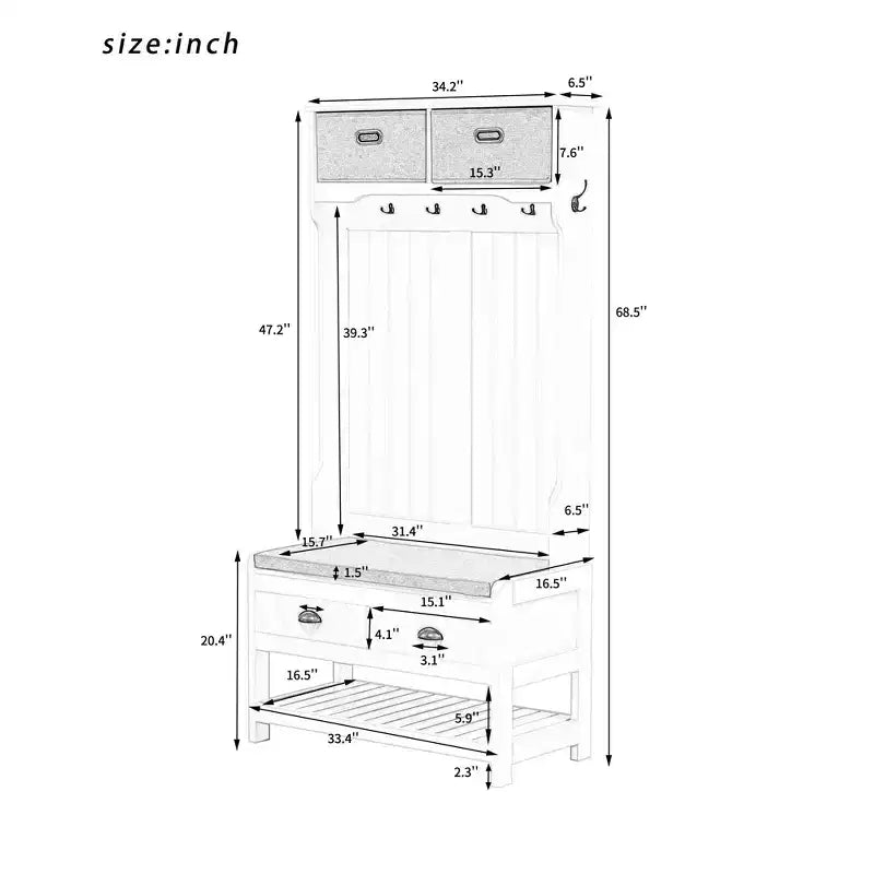 Porte-manteau Okak 69IN avec 6 patères et banc de rangement à couvercle articulé, meuble d'entrée pour salon, couloir, blanc