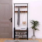 Okak 71IN Industrail Coat Rack with Shoe Bench and 9 Removable Hooks, Hall Tree with Hanging Rod, Coat Stand for Living Room, Hallway, Brown