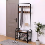 Okak 71IN Portemanteau Industriel avec Banc à Chaussures et 9 Crochets Amovibles, Arbre de Hall avec Tringle à Vêtements, Porte-Manteau pour Salon, Couloir, Marron