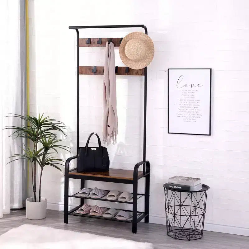 Okak 71IN Portemanteau Industriel avec Banc à Chaussures et 9 Crochets Amovibles, Arbre de Hall avec Tringle à Vêtements, Porte-Manteau pour Salon, Couloir, Marron