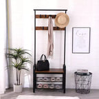 Okak 71IN Portemanteau Industriel avec Banc à Chaussures et 9 Crochets Amovibles, Arbre de Hall avec Tringle à Vêtements, Porte-Manteau pour Salon, Couloir, Marron