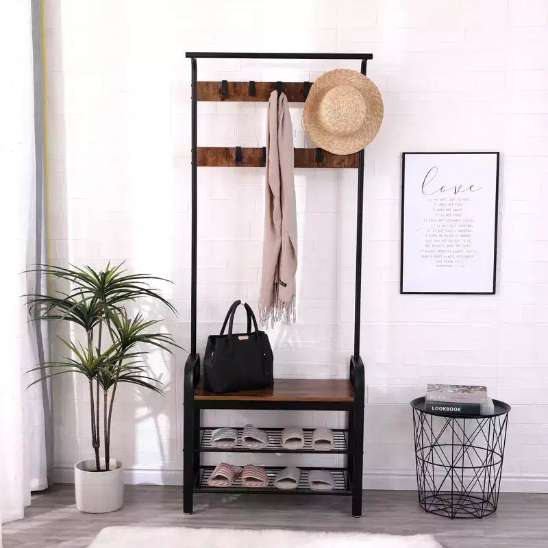 Okak 71IN Portemanteau Industriel avec Banc à Chaussures et 9 Crochets Amovibles, Arbre de Hall avec Tringle à Vêtements, Porte-Manteau pour Salon, Couloir, Marron