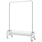 Okak Portemanteau d'entrée robuste sur roulettes avec frein verrouillable, porte-manteau autoportant pliable, étagères de rangement avec panier, argent