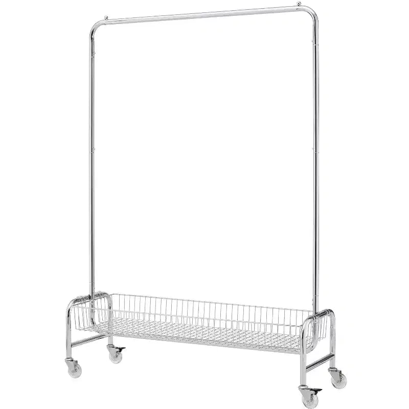 Okak Portemanteau d'entrée robuste sur roulettes avec frein verrouillable, porte-manteau autoportant pliable, étagères de rangement avec panier, argent