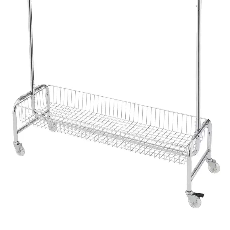 Okak Portemanteau d'entrée robuste sur roulettes avec frein verrouillable, porte-manteau autoportant pliable, étagères de rangement avec panier, argent