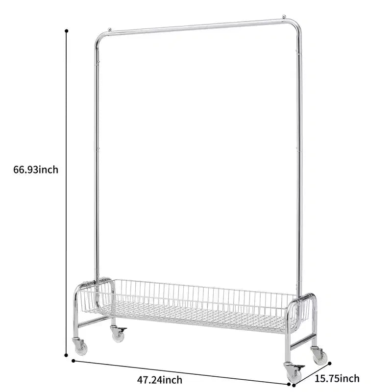 Okak Portemanteau d'entrée robuste sur roulettes avec frein verrouillable, porte-manteau autoportant pliable, étagères de rangement avec panier, argent