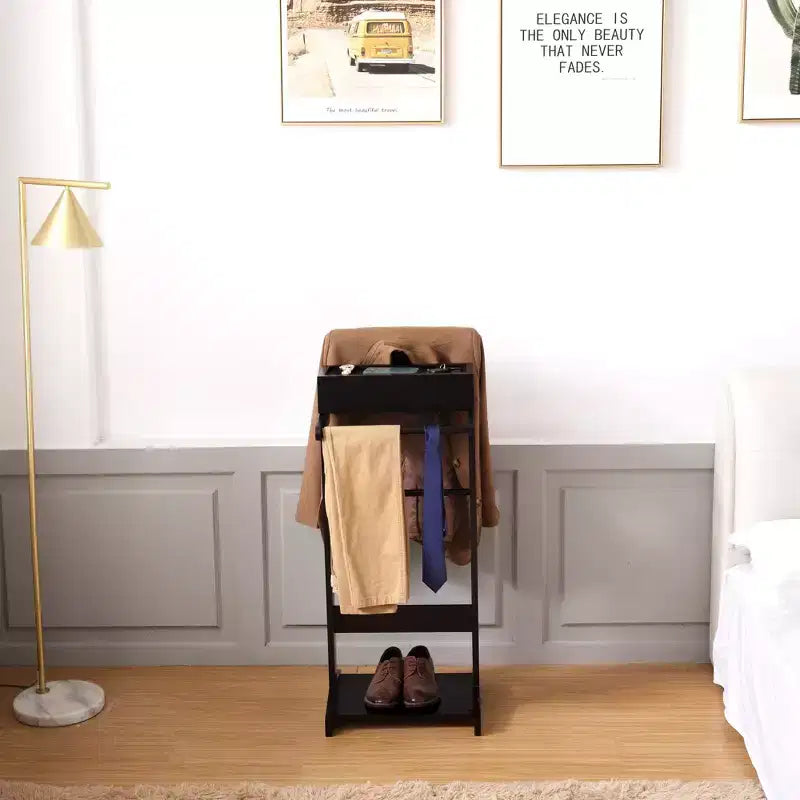 Okak Portant élégant avec cintre, porte-manteau avec 2 barres de suspension rondes et étagère à chaussures, étagère de rangement pour entrée, espace étroit, noir