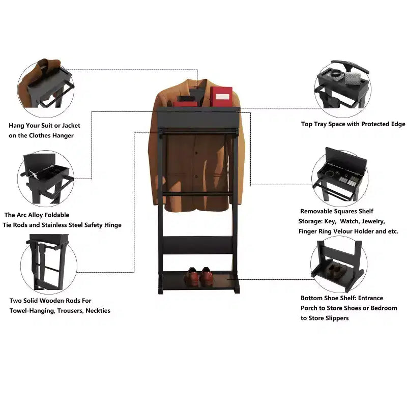 Okak Portant élégant avec cintre, porte-manteau avec 2 barres de suspension rondes et étagère à chaussures, étagère de rangement pour entrée, espace étroit, noir