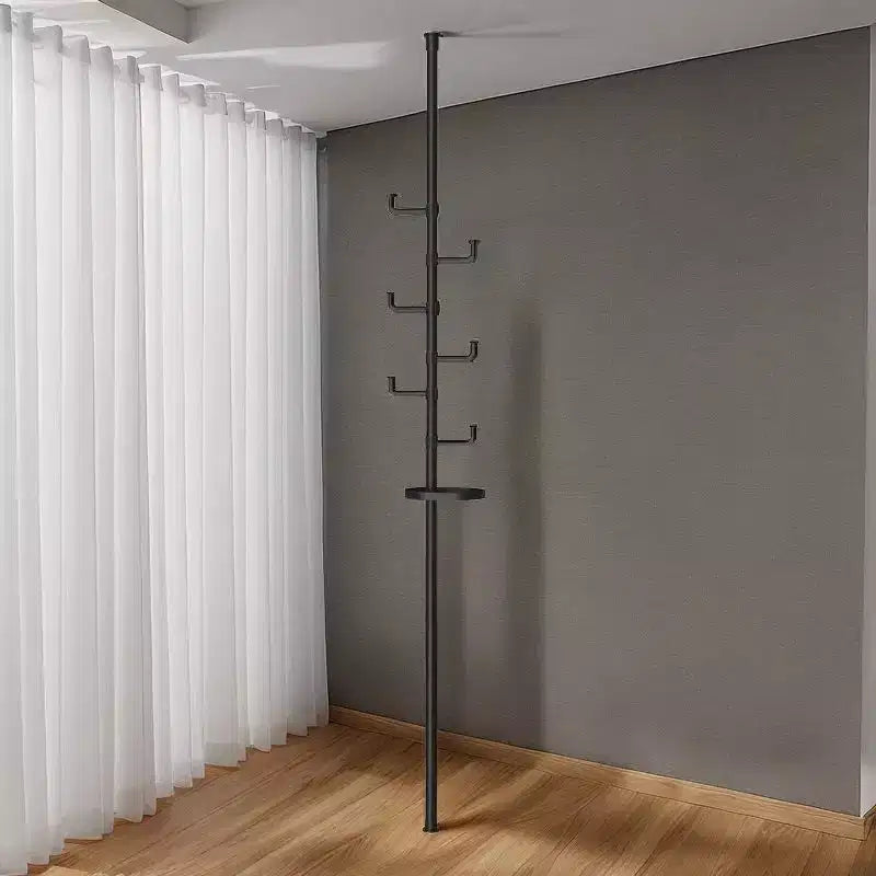 Porte-manteau Okak du sol au plafond avec poteau à tension réglable, Arbre d'entrée avec plateau et crochets, Portemanteau pour Salon, Entrée, Balcon, Noir