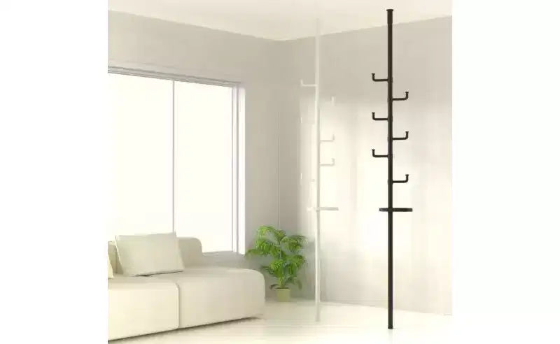 Porte-manteau Okak du sol au plafond avec poteau à tension réglable, Arbre d'entrée avec plateau et crochets, Portemanteau pour Salon, Entrée, Balcon, Noir