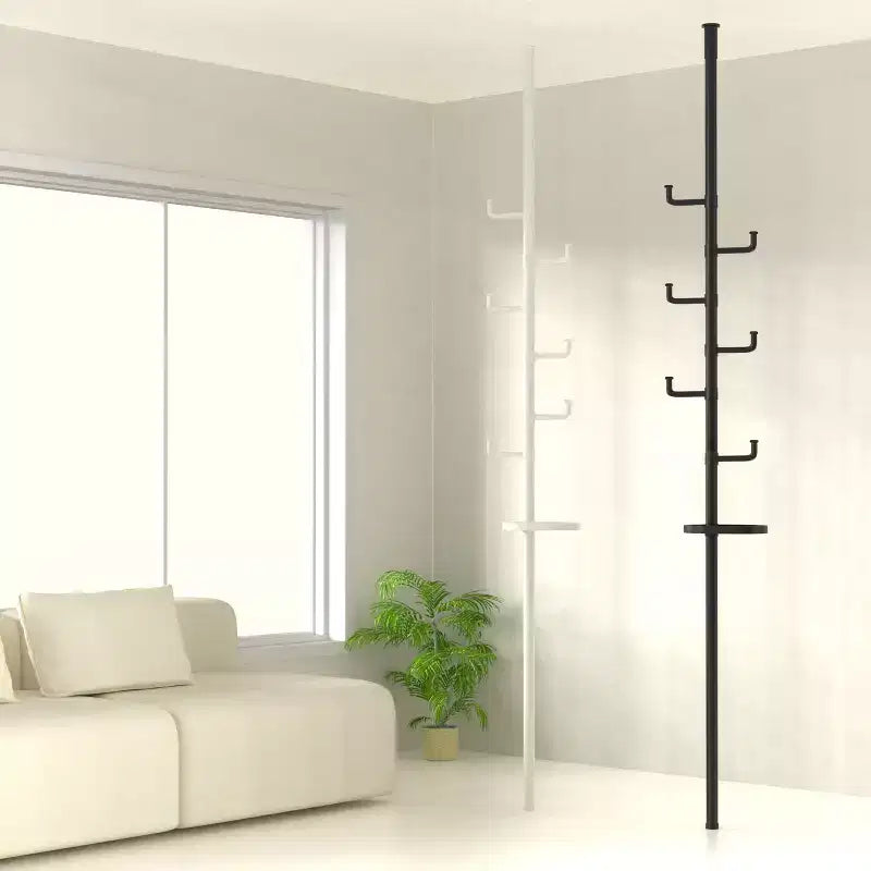 Porte-manteau Okak du sol au plafond avec poteau à tension réglable, Arbre d'entrée avec plateau et crochets, Portemanteau pour Salon, Entrée, Balcon, Noir