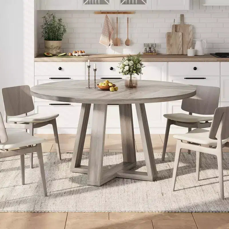 Table à manger ronde pour 4-6 personnes, table de salle à manger circulaire de 120 cm avec base croisée robuste, table à manger en bois de style ferme pour appartement, cuisine, salon