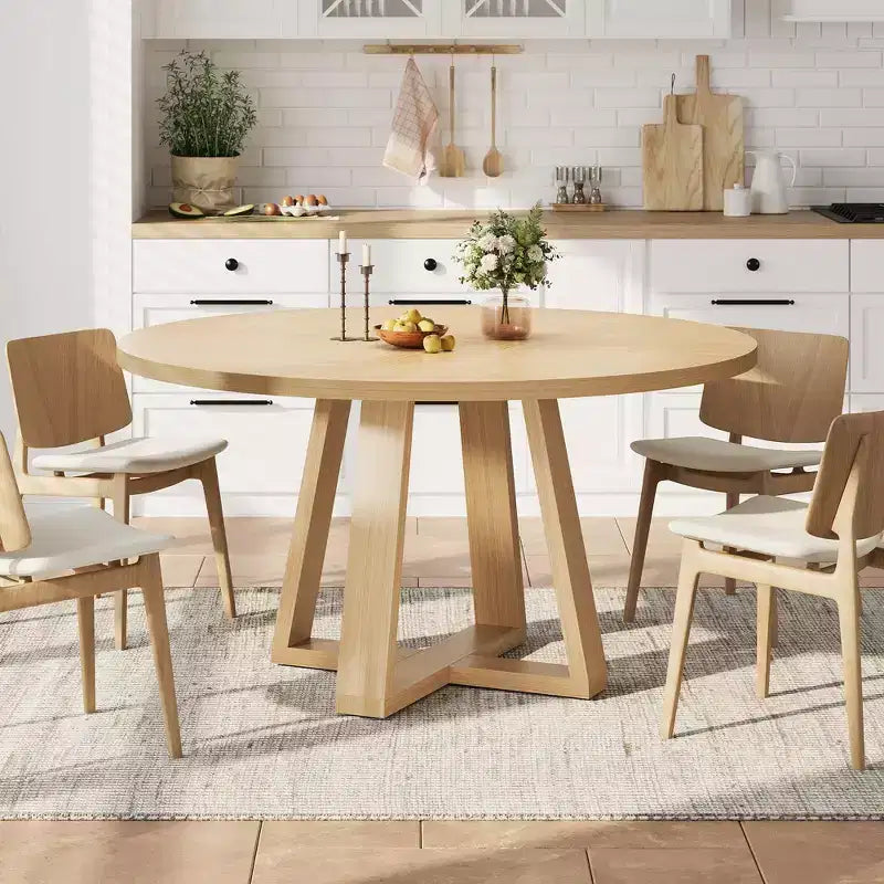 Table à manger ronde pour 4-6 personnes, table de salle à manger circulaire de 120 cm avec base croisée robuste, table à manger en bois de style ferme pour appartement, cuisine, salon