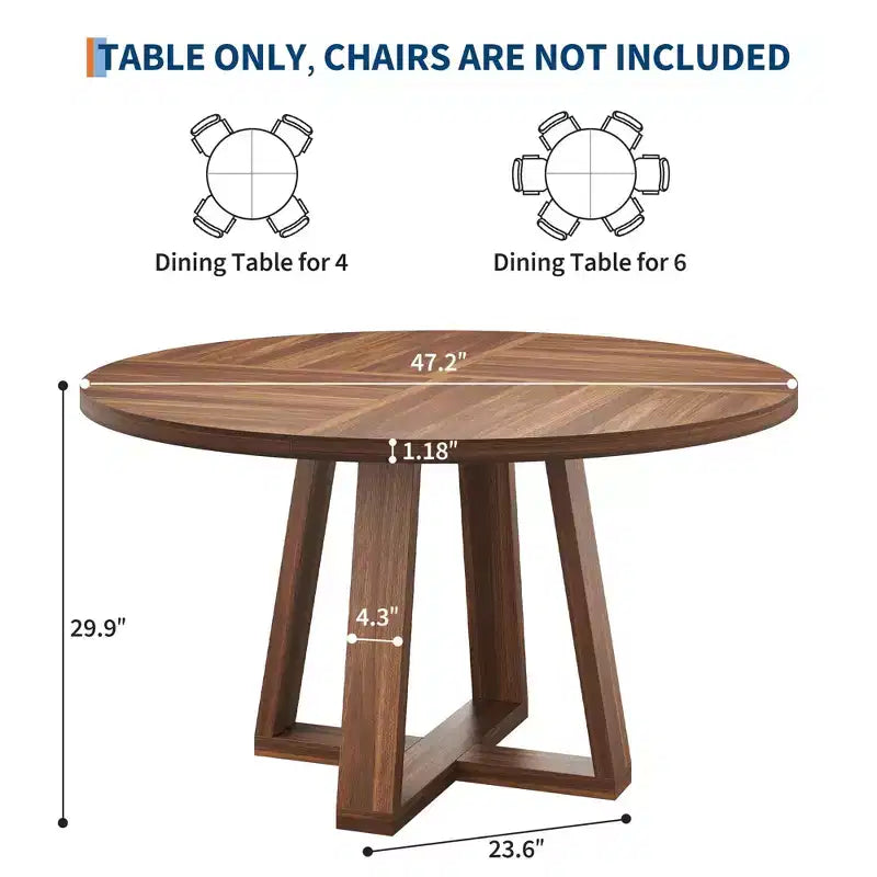 Table à manger ronde pour 4-6 personnes, table de salle à manger circulaire de 120 cm avec base croisée robuste, table à manger en bois de style ferme pour appartement, cuisine, salon