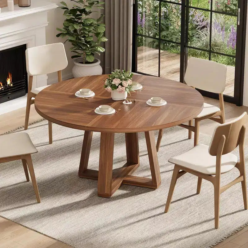 Table à manger ronde pour 4-6 personnes, table de salle à manger circulaire de 120 cm avec base croisée robuste, table à manger en bois de style ferme pour appartement, cuisine, salon