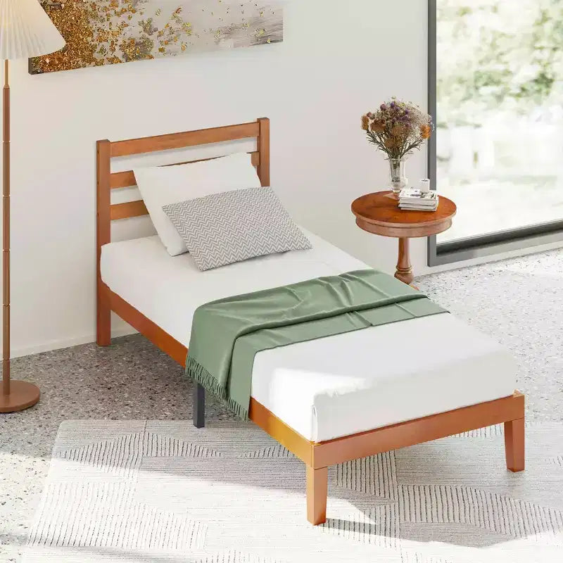 MAYEERTY Lit double en bois massif de 1 100 lb avec tête de lit, sommier à lattes en bois, aucun sommier tapissier requis