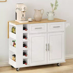 White Kitchen Island Cart with 2-Door Cabinet & 2 Drawers-Rolling Storage Cart with Foldable Rubberwood Table Top,Spice Rack&Wine Rack for Kitchen
