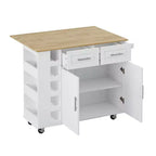 Desserte îlot de cuisine blanche avec placard à 2 portes et 2 tiroirs - Chariot de rangement roulant avec plateau pliant en bois d'hévéa, étagère à épices et casier à vin pour la cuisine