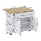 Desserte îlot de cuisine blanche avec placard à 2 portes et 2 tiroirs - Chariot de rangement roulant avec plateau pliant en bois d'hévéa, étagère à épices et casier à vin pour la cuisine