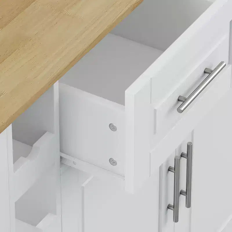 Desserte îlot de cuisine blanche avec placard à 2 portes et 2 tiroirs - Chariot de rangement roulant avec plateau pliant en bois d'hévéa, étagère à épices et casier à vin pour la cuisine