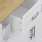 Desserte îlot de cuisine blanche avec placard à 2 portes et 2 tiroirs - Chariot de rangement roulant avec plateau pliant en bois d'hévéa, étagère à épices et casier à vin pour la cuisine
