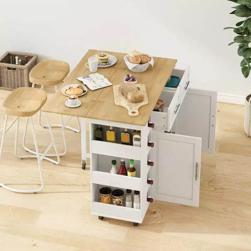 Desserte îlot de cuisine blanche avec placard à 2 portes et 2 tiroirs - Chariot de rangement roulant avec plateau pliant en bois d'hévéa, étagère à épices et casier à vin pour la cuisine