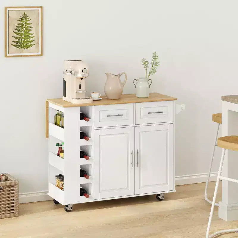 Desserte îlot de cuisine blanche avec placard à 2 portes et 2 tiroirs - Chariot de rangement roulant avec plateau pliant en bois d'hévéa, étagère à épices et casier à vin pour la cuisine