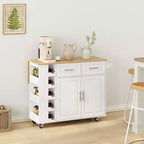 Desserte îlot de cuisine blanche avec placard à 2 portes et 2 tiroirs - Chariot de rangement roulant avec plateau pliant en bois d'hévéa, étagère à épices et casier à vin pour la cuisine