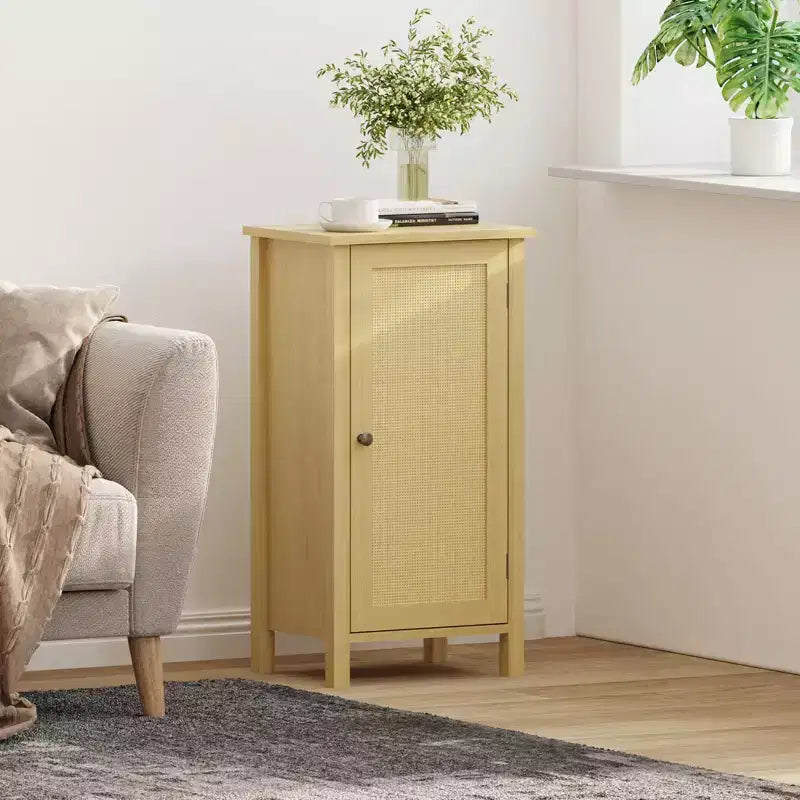 Table de chevet moderne avec rangement, Table d'appoint de canapé en bois de 40 cm de large, Table d'appoint étroite en rotin, Table de chevet pour salon, chambre à coucher, canapé
