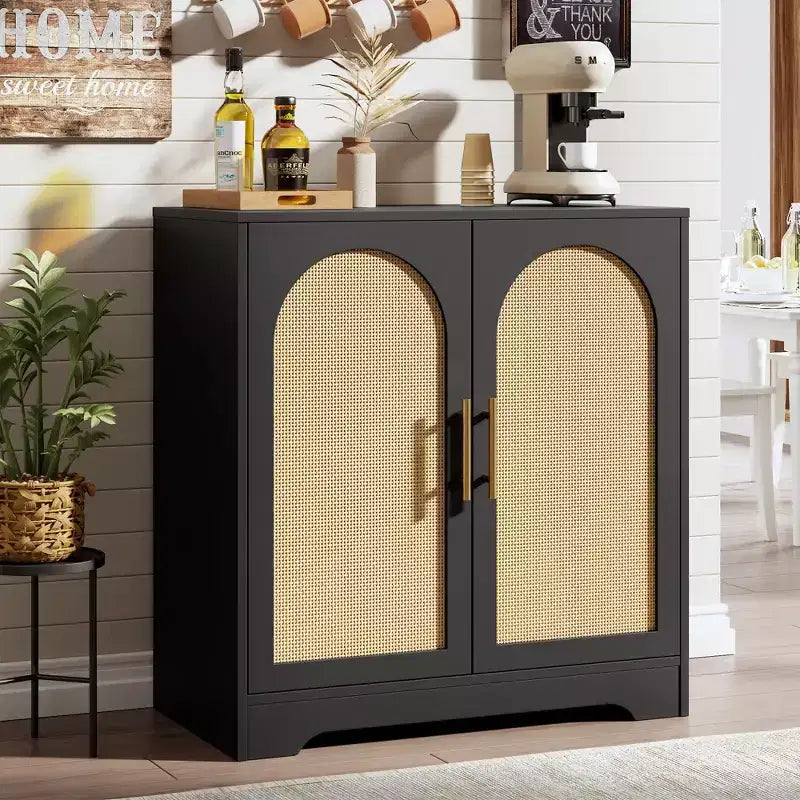 Buffet bahut 30", meuble de bar en rotin, console d'entrée, buffet de rangement au sol, crédence en bois pour cuisine et salon