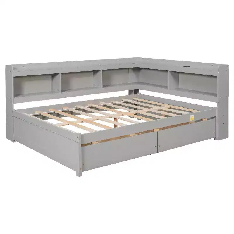 Lit Luxystar pleine grandeur en forme de L avec bibliothèques, prises électriques, ports de chargement USB et 2 tiroirs