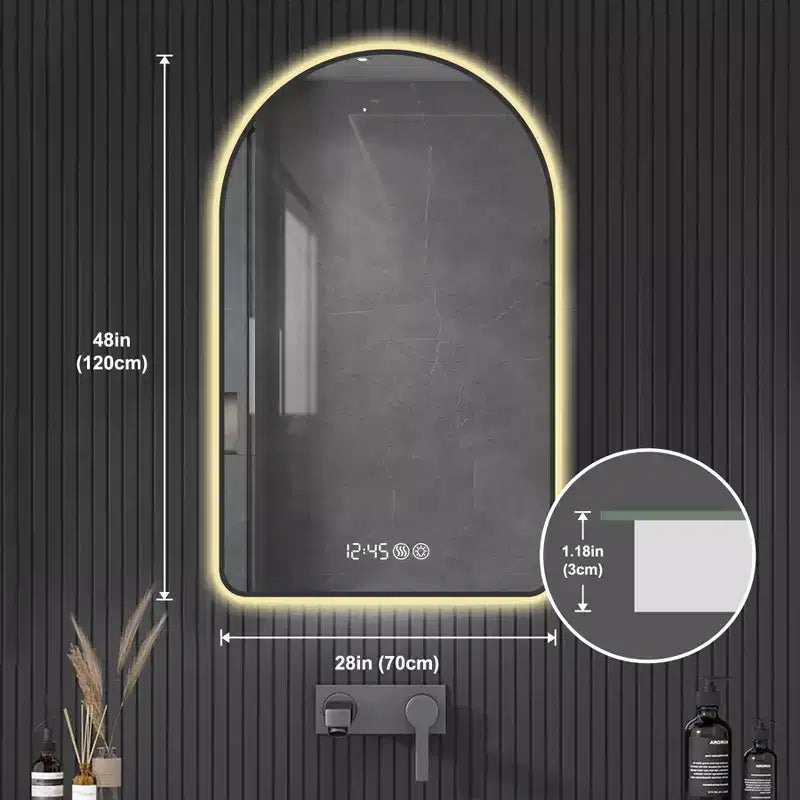 Miroirs de vanité de salle de bain à LED multifonctionnels arqués de 28 x 48 pouces avec trois températures de couleur pour évier, cadre noir
