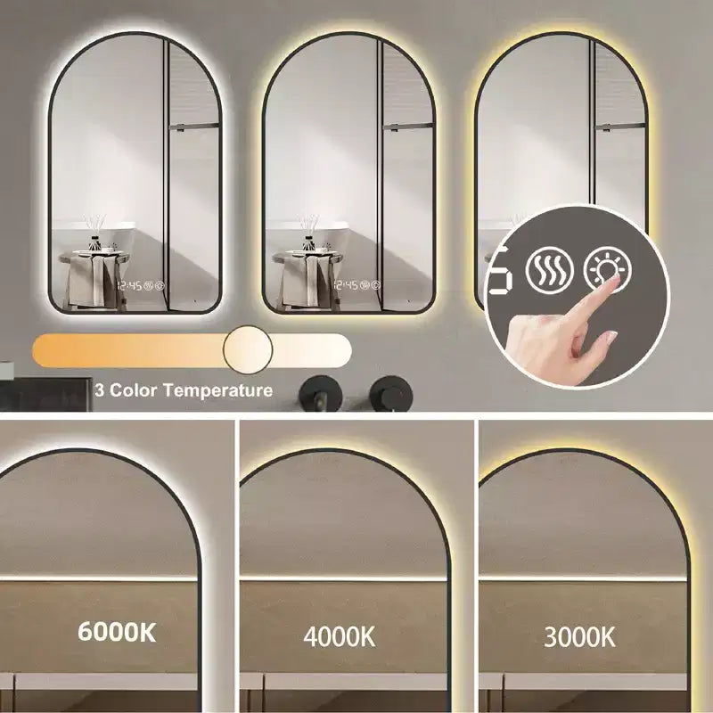 Miroirs de vanité de salle de bain à LED multifonctionnels arqués de 28 x 48 pouces avec trois températures de couleur pour évier, cadre noir