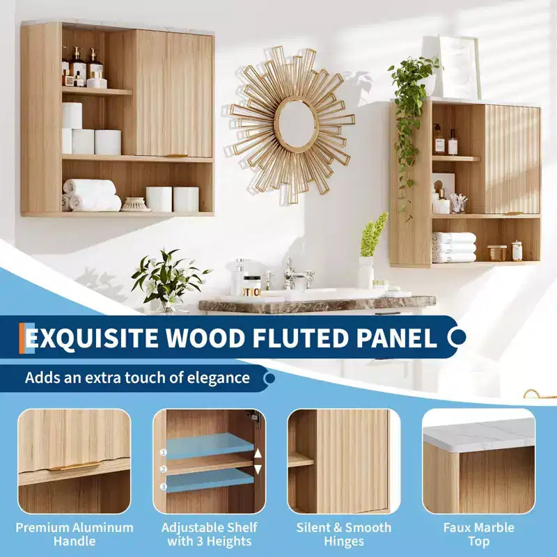 Armoire murale moderne cannelée avec porte coulissante - Dessus en faux marbre et étagère réglable, rangement courbé pour médicaments pour salle de bain, buanderie
