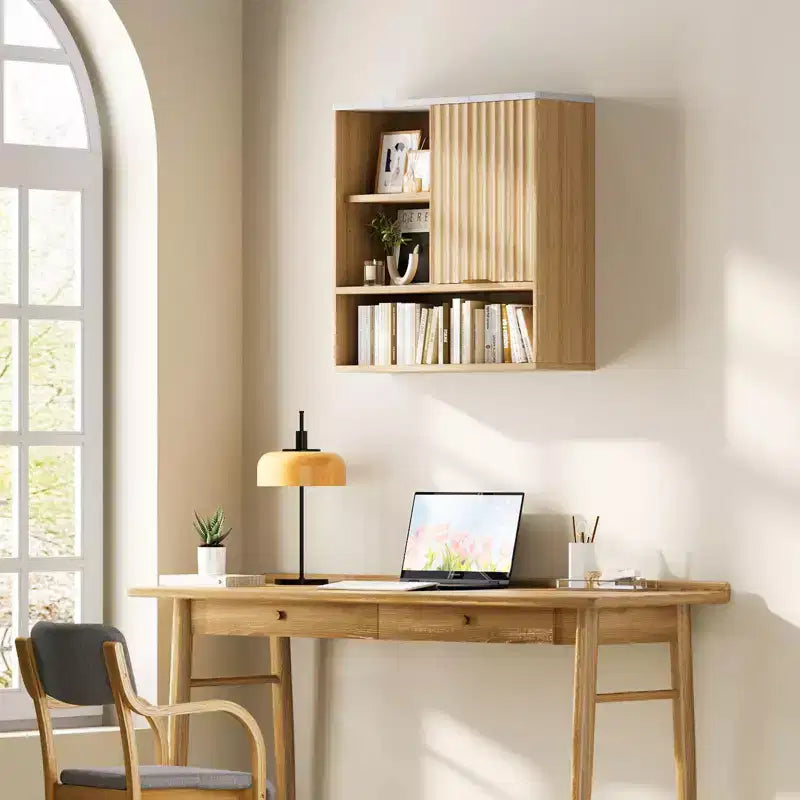 Armoire murale moderne cannelée avec porte coulissante - Dessus en faux marbre et étagère réglable, rangement courbé pour médicaments pour salle de bain, buanderie