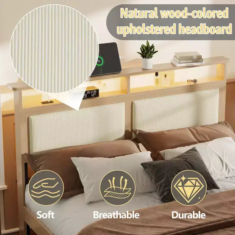 Cadre de lit Queen moderne avec tête de lit de rangement, lumières LED, station de recharge, cadre de lit rembourré en velours côtelé, lattes en bois silencieuses, pas besoin de sommier.