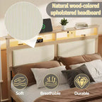 Cadre de lit Queen moderne avec tête de lit de rangement, lumières LED, station de recharge, cadre de lit rembourré en velours côtelé, lattes en bois silencieuses, pas besoin de sommier.