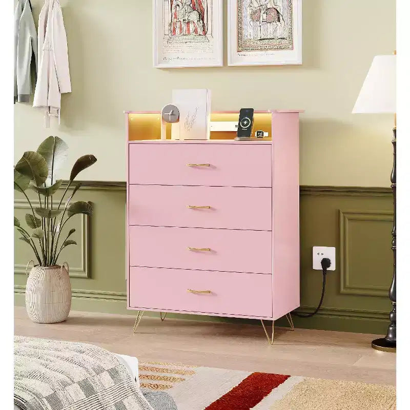 Commode haute à 4 tiroirs, Grande commode en bois à tiroirs pour chambre à coucher, placard, organisation du salon