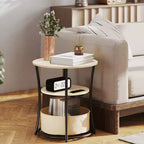 Table d'appoint ronde avec station de charge, bout de canapé à 3 niveaux avec sac de rangement en tissu et étagère