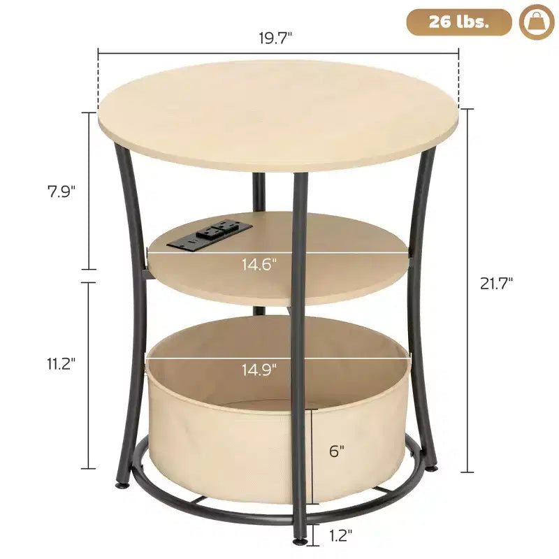 Table d'appoint ronde avec station de charge, bout de canapé à 3 niveaux avec sac de rangement en tissu et étagère