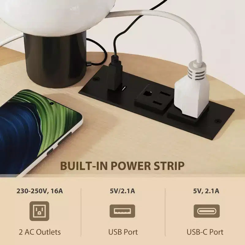 Table d'appoint ronde avec station de charge, bout de canapé à 3 niveaux avec sac de rangement en tissu et étagère