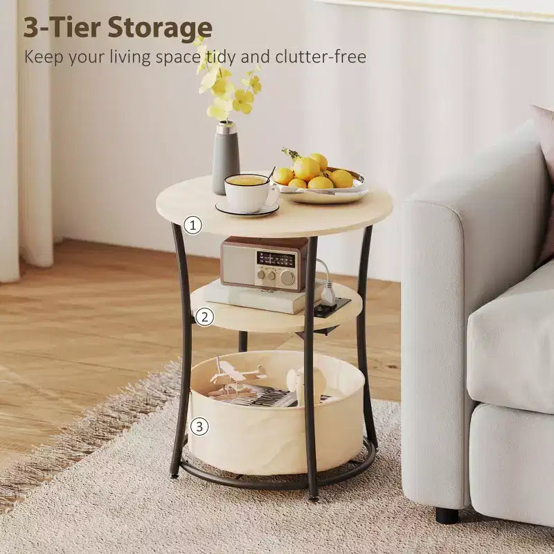Table d'appoint ronde avec station de charge, bout de canapé à 3 niveaux avec sac de rangement en tissu et étagère