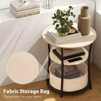 Table d'appoint ronde avec station de charge, bout de canapé à 3 niveaux avec sac de rangement en tissu et étagère