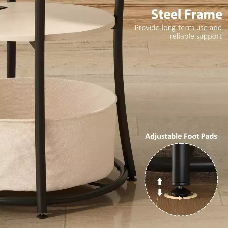 Table d'appoint ronde avec station de charge, bout de canapé à 3 niveaux avec sac de rangement en tissu et étagère
