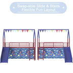 Lit mezzanine double Bellemave Metal Junior House avec toboggan et rideaux, couleurs de super-héros rouge et bleu